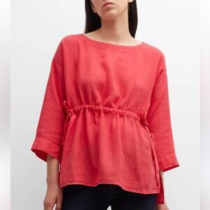 EILEEN FISHER Bateau Neck Drawstring Linen Blouse In Red